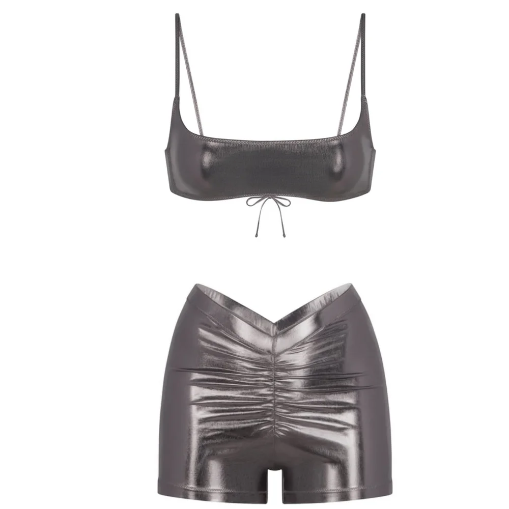 NWT SKIMS METALLIC SWIM SET IN CARBON